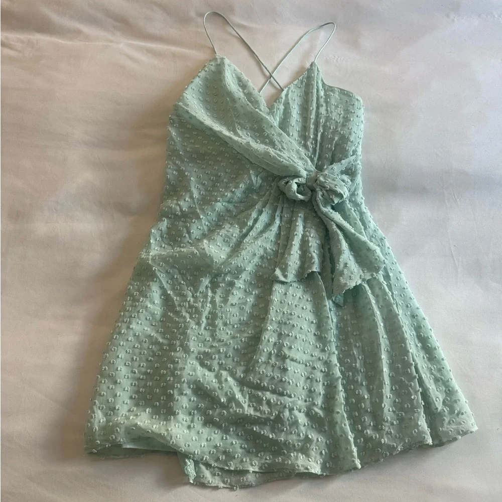 NWT Alice + Olivia Light Mint Blue Textured Wrap Mini Dress - Picture 3 of 6